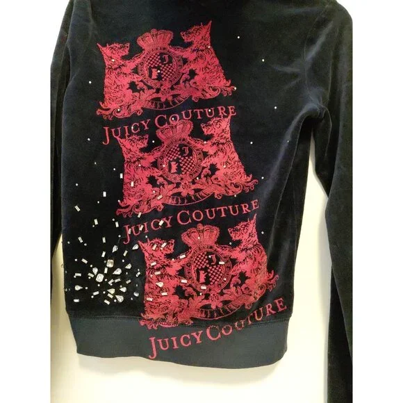 Vintage Y2K Juicy Couture Velour Hoodie Graphic Rhinestones Black Red Medium - Picture 7 of 12